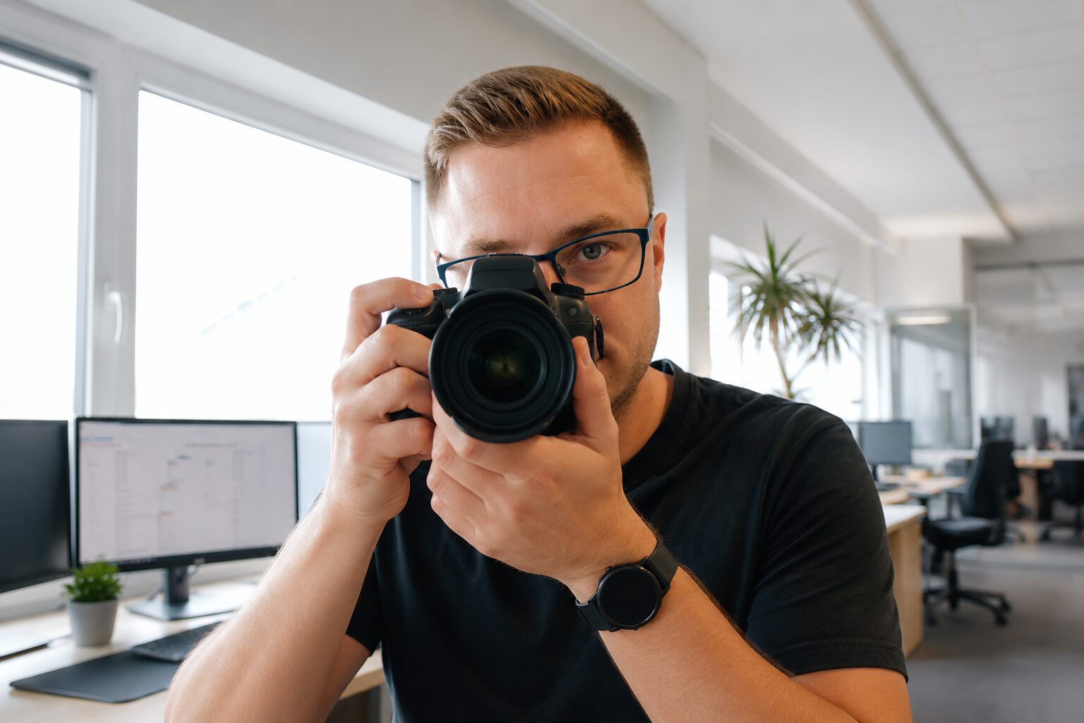 Mann mit Brille hält eine Kamera vor das Gesicht, im Hintergrund ein Büro