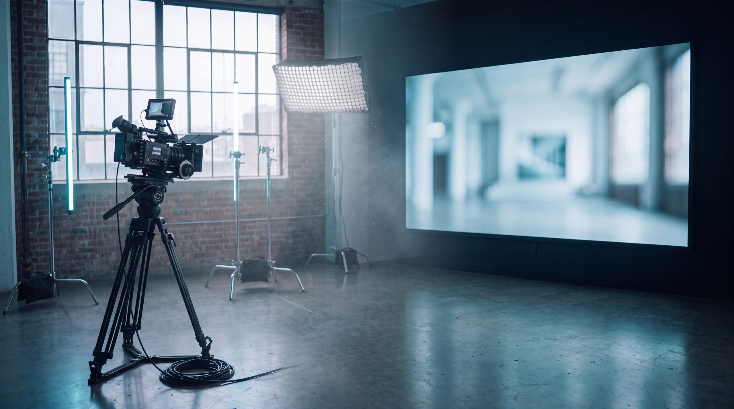 Filmkamera auf Stativ und Lichttechnik vor einer Projektionsfläche in einem Loft